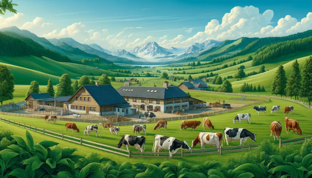 Cattle Farming A detailed and photorealistic illustration of a cattle farm in Europe. The scene features a picturesque landscape with rolling green hills