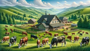 Cattle Farming A detailed and photorealistic illustration of a cattle farm in Europe. The scene features a picturesque landscape with rolling green hills, a traditio