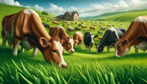 Cattle Farms in Europe A closeup and wide aspect photorealistic illustration of cattle on a European farm. The scene features healthy and content cattle of various breeds gr